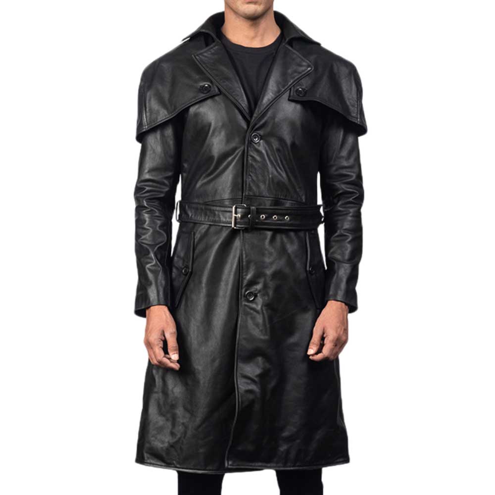 Mens Black Leather Trench Coat
