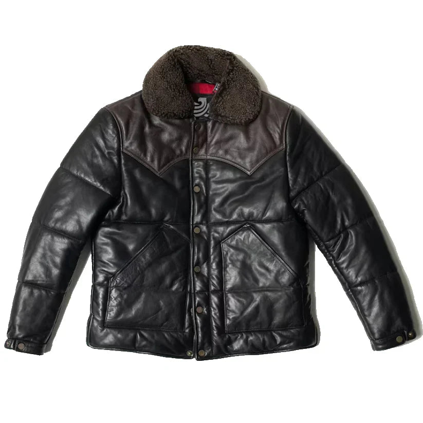 Mens Black Genuine Leather Padded Jacket