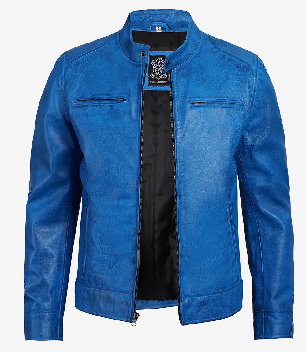 Mens Blue Lambskin Leather Cafe Racer Jacket