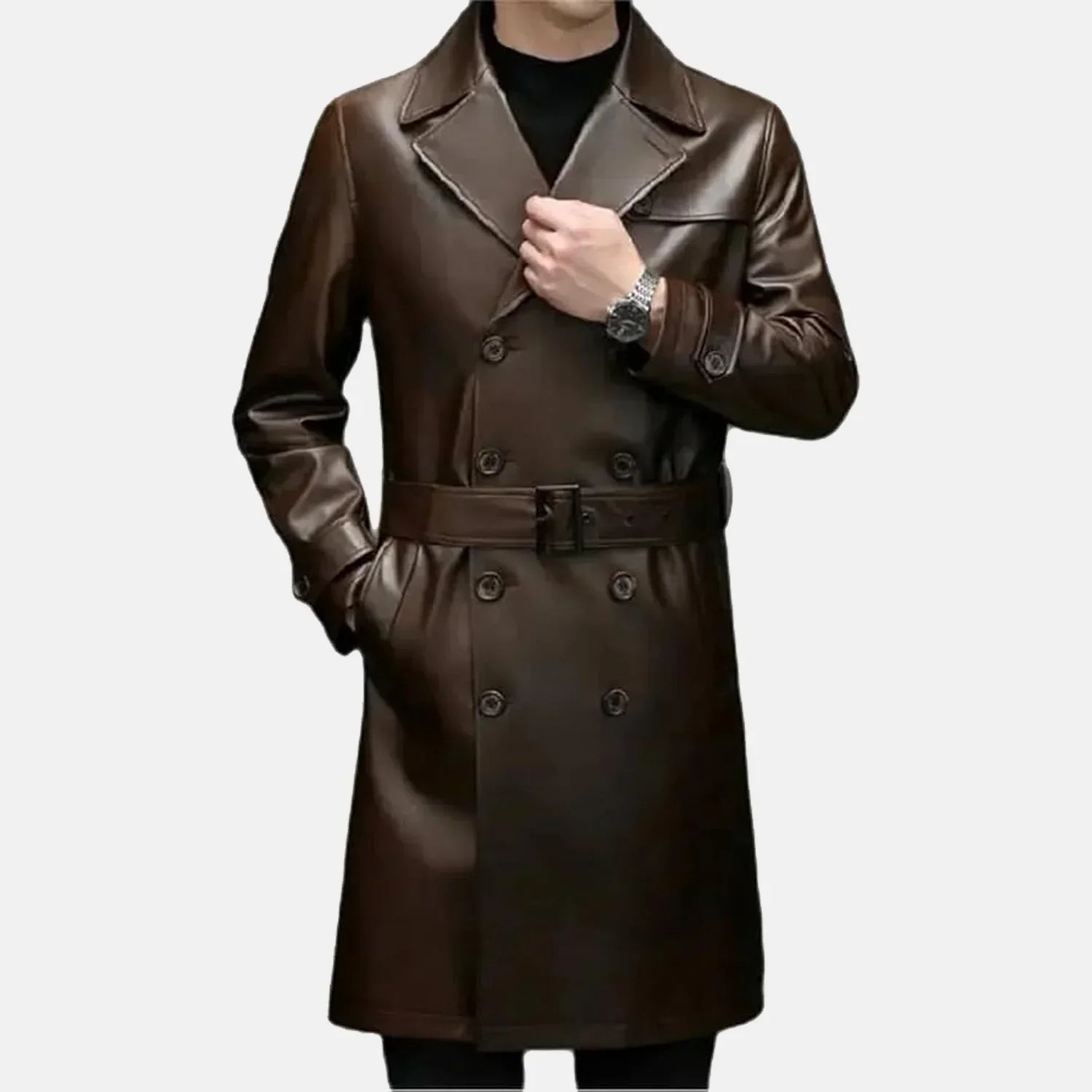 Mens Brown Sheepskin Leather Duster Coat