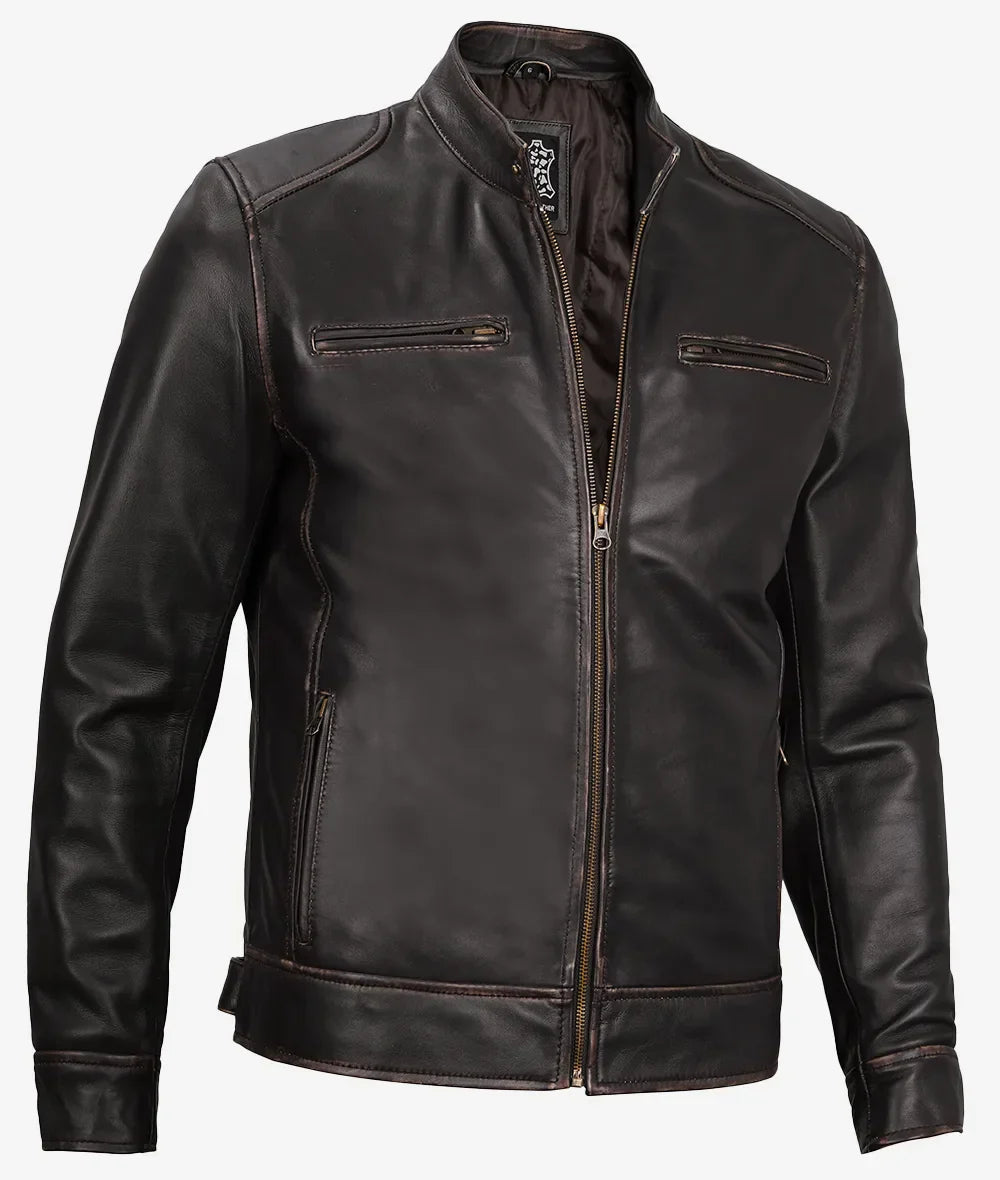 Mens Vintage Brown Leather Cafe Racer Jacket