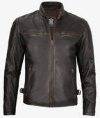 Classic Mens Rub Off Brown Leather Cafe Racer Jacket