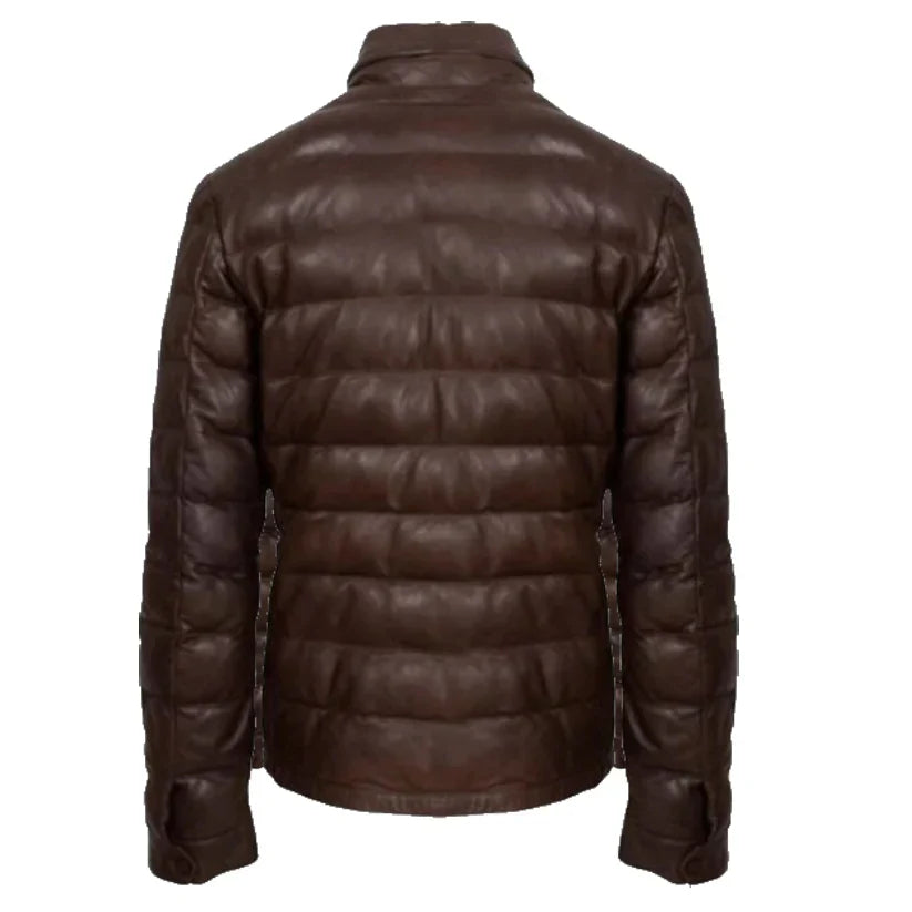 Mens Dark Brown Leather Puffer Jacket