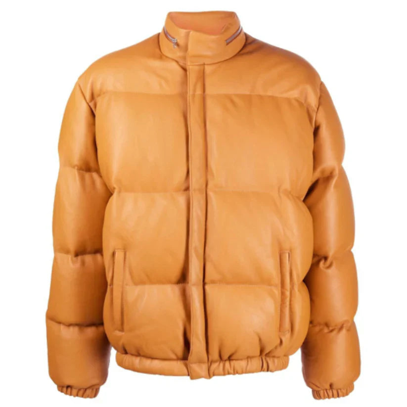 Leather Puffer Jacket Dark Camel Mens