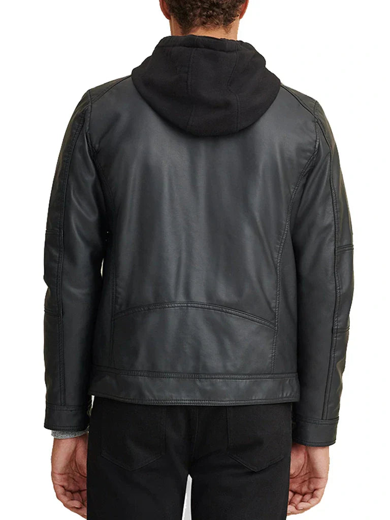 Faux Leather Jacket With Removable Hood