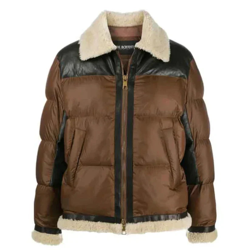 Front Full Zipped Puffer Leather Jacket For Mens