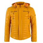 Mens Puffer Hooded Real Leather Jacket
