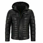 Men Genuine Lambskin Leather Puffer Hooded Black Jacket