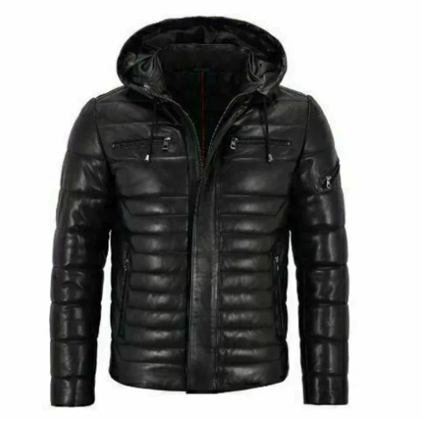 Men Genuine Lambskin Leather Puffer Hooded Black Jacket