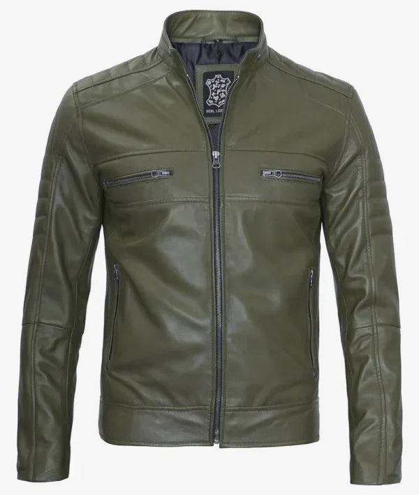 Mens Stylish Olive Green Cafe Racer Jacket