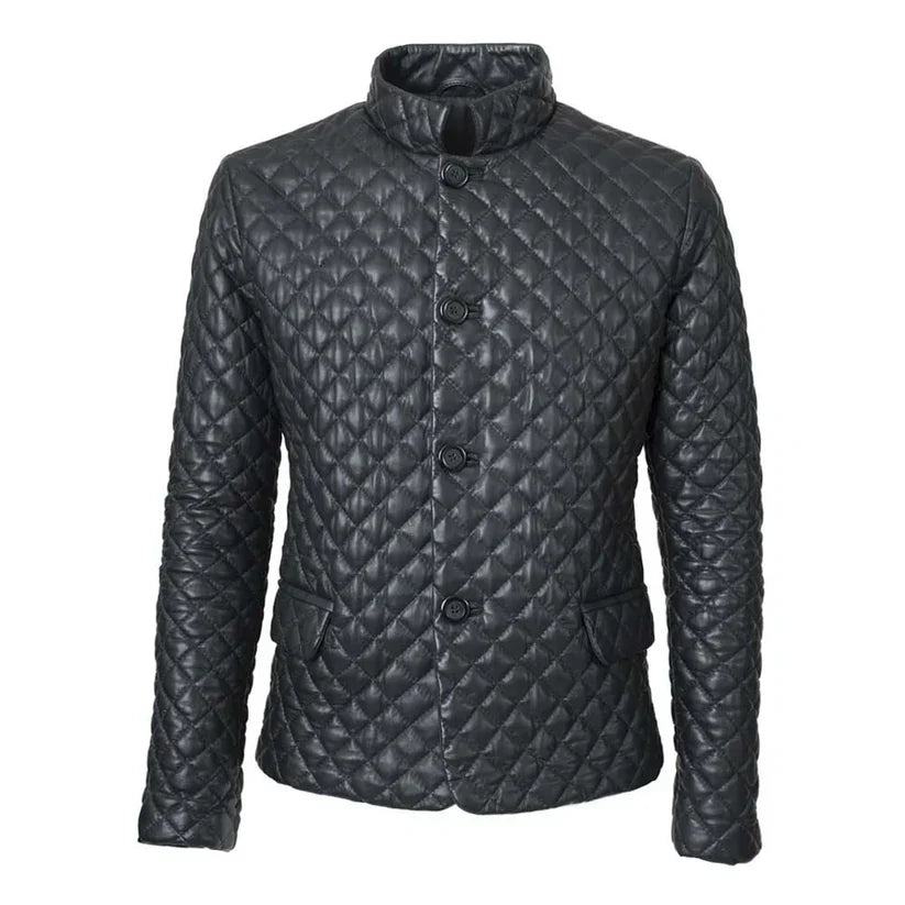 Mens Black Leather Puffer Jacket Diamond Quilted