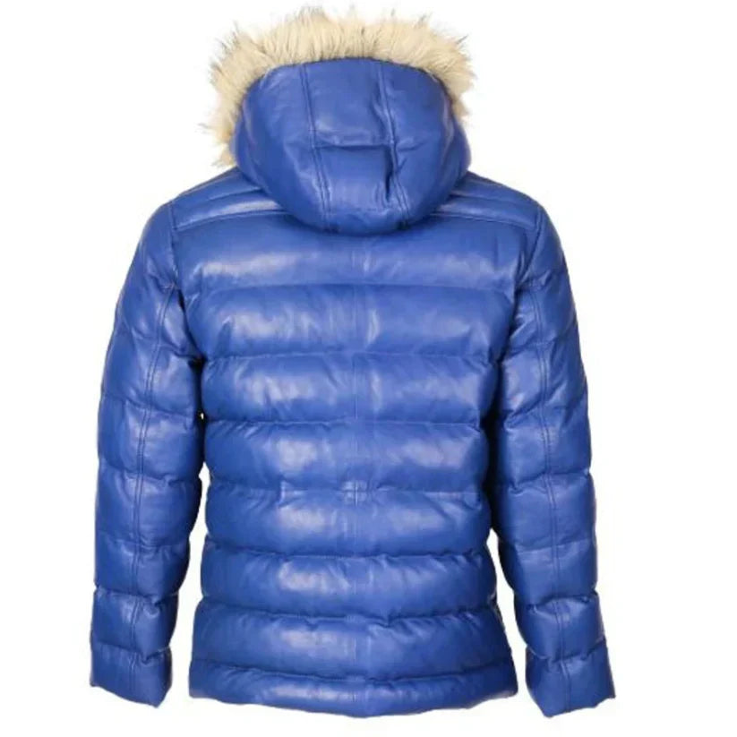 Mens Puffer Leather Jacket Fur Hoodie Blue