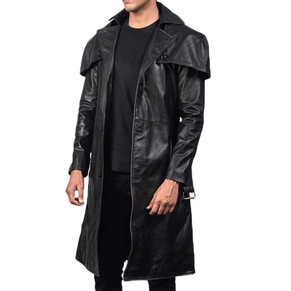 Mens Black Leather Trench Coat