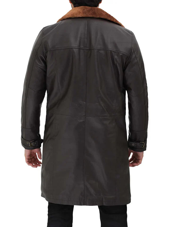 Mens Dark Brown Shearling Leather Trench Coat