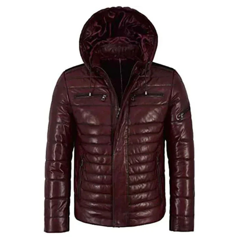 Mens Maroon Puffer Hooded Leather Jacket