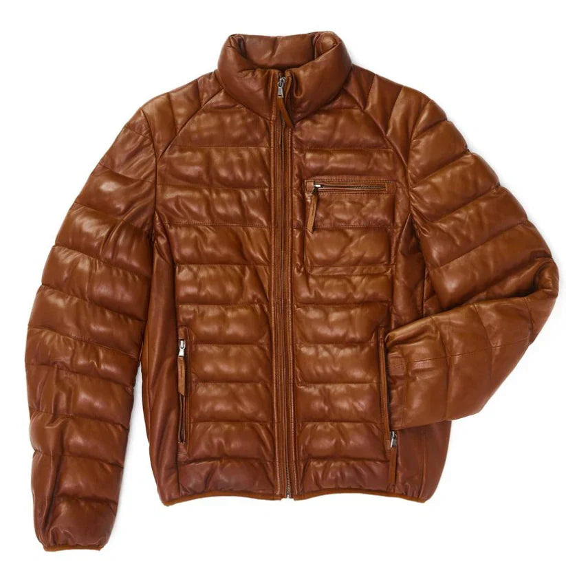 New Brown Leather Puffer Coat Mens