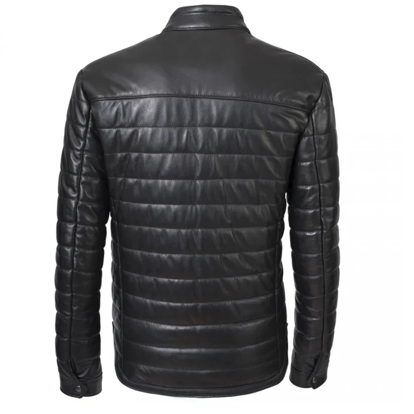 Black Leather Puffer Winter Jacket