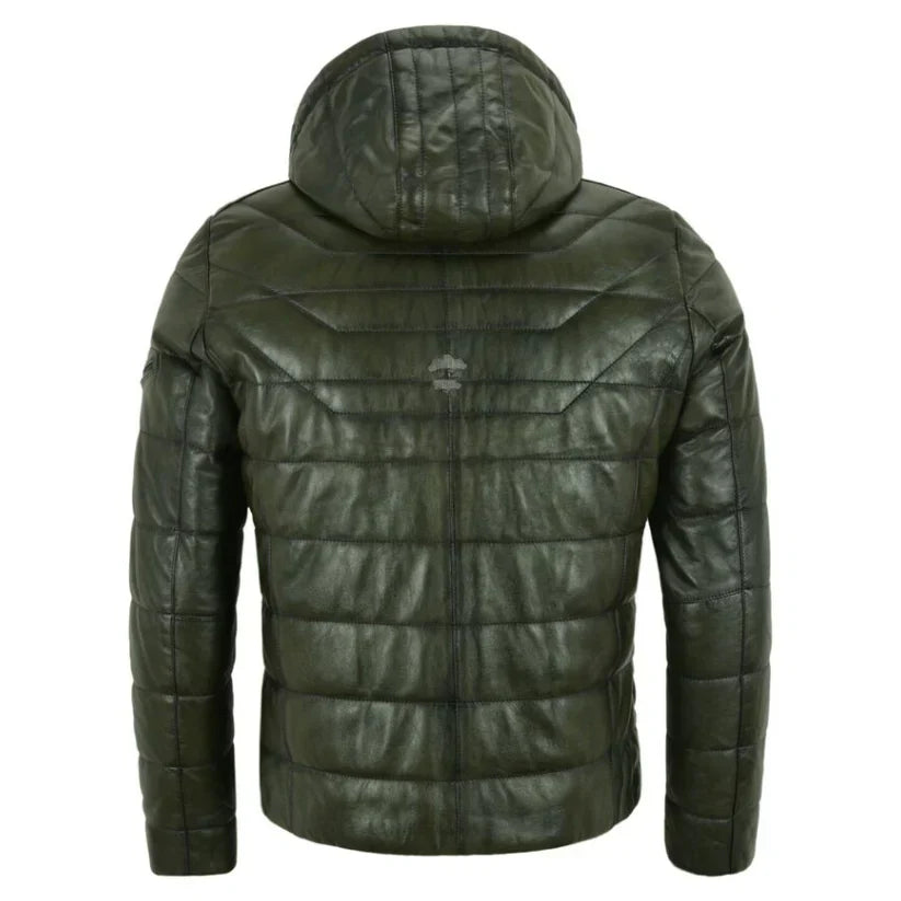 Mens Puffer Real Hooded Leather Jacket