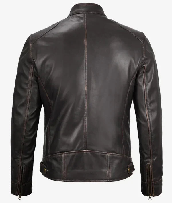 Mens Vintage Brown Leather Cafe Racer Jacket