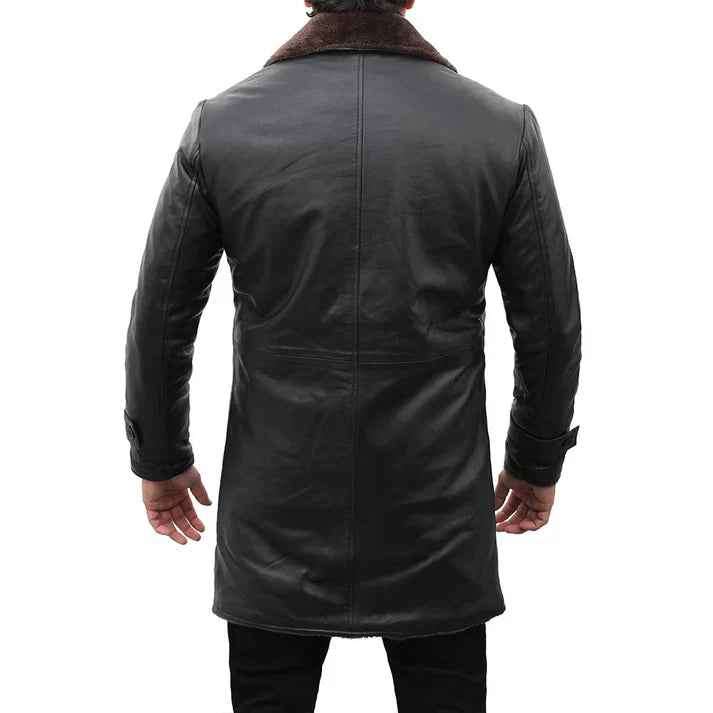 Mens Shearling Lined Black Leather Trench Coat