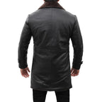 Mens Shearling Lined Black Leather Trench Coat