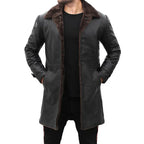Mens Shearling Lined Black Leather Trench Coat