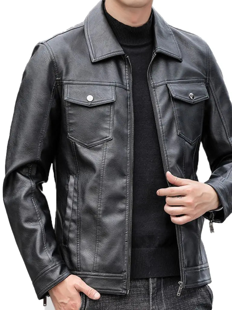 Mens Shirt Style Black Leather Jacket