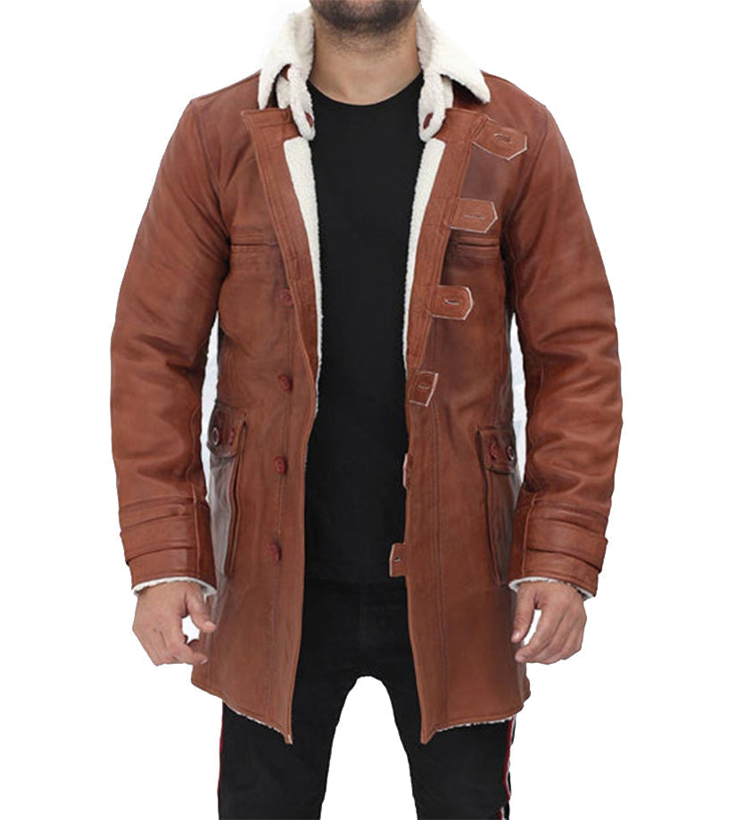 Mens Tan Shearling Leather Trench Coat