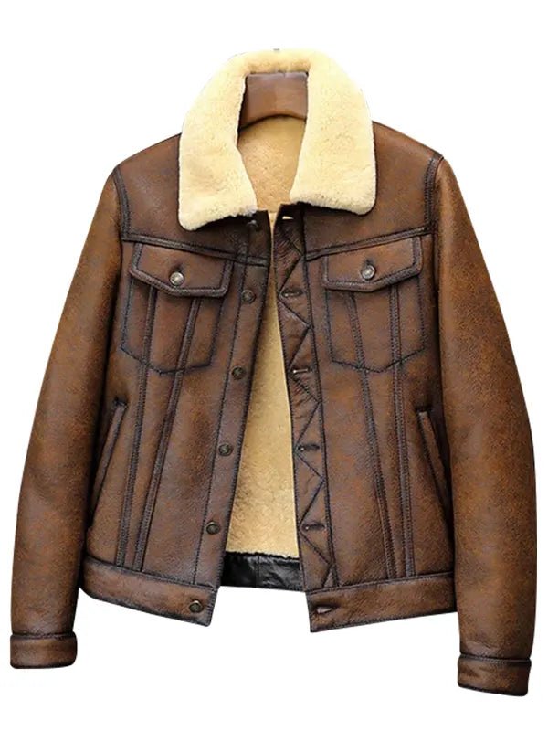 Mens Trucker Brown Leather Shearling Jacket