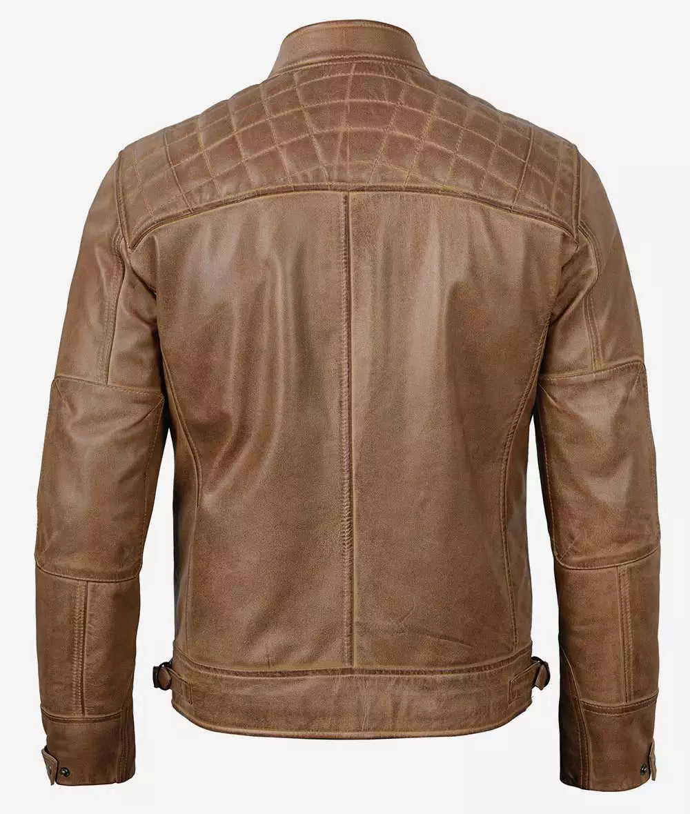 Mens Camel Brown Cafe Racer Jacket Quilted Shoulder
