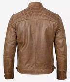 Mens Camel Brown Cafe Racer Jacket Quilted Shoulder