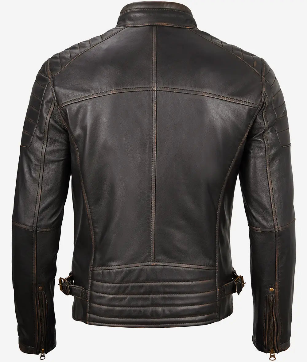 Classic Mens Rub Off Brown Leather Cafe Racer Jacket