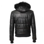 BLack Leather Winter Puffer Jacket Hood and Fur