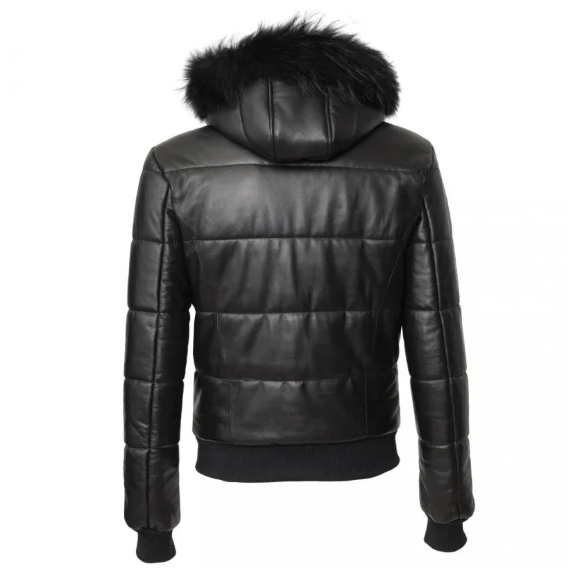 BLack Leather Winter Puffer Jacket Hood and Fur