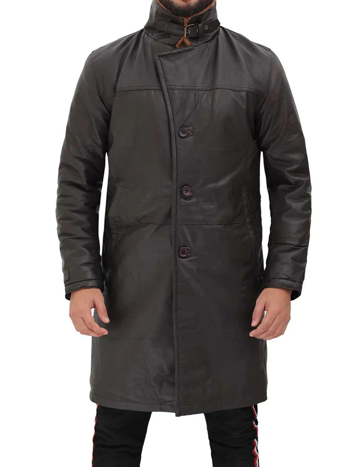 Mens Dark Brown Shearling Leather Trench Coat