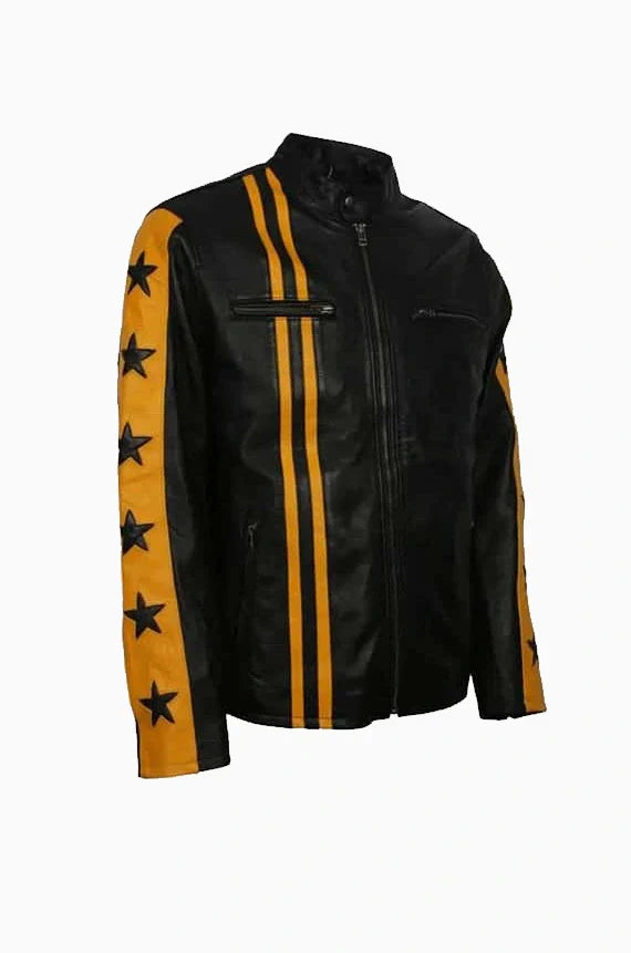 Mens Cafe Racer Yellow Star Leather Jacket