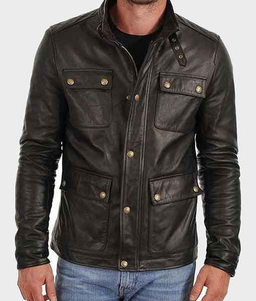Men’s Black Biker Leather Jacket - Four Pockets