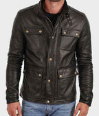 Men’s Black Biker Leather Jacket - Four Pockets