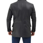 Mens Notch Lapel 2 Buttons Black Lambskin Leather Blazer
