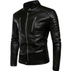 Stand Up Collar Black Leather Jacket mens