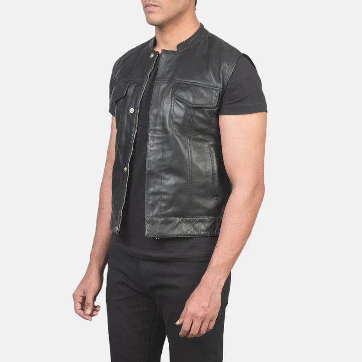 Atlas Moto Black Leather Vest For Mens