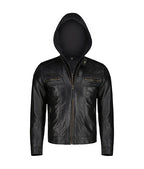 Mens Black Slim Fit Leather Jacket With Hood