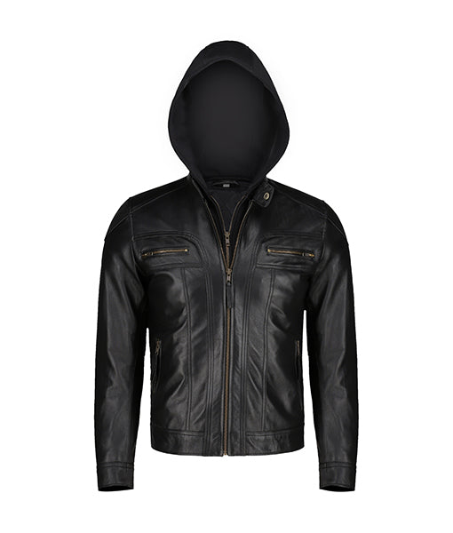 Mens Black Slim Fit Leather Jacket With Hood