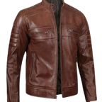 Cognac Brown Cafe Racer Leather Jacket for Men