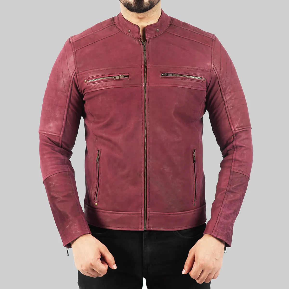 Men’s Burgundy Distressed Leather Biker Jacket