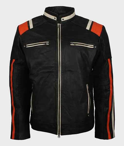 Mens Cafe Racer Striped Black Retro Biker Jacket