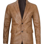 Mens Two Button Camel Brown Leather Blazer