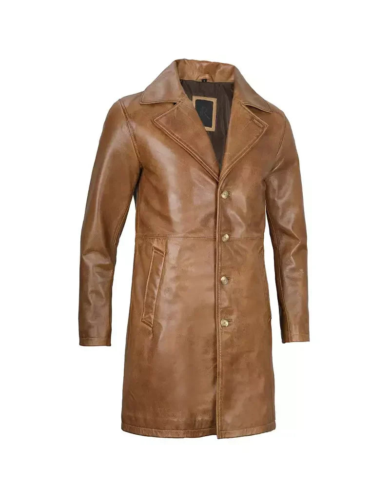 Mens Real Leather Camel Brown Car Coat