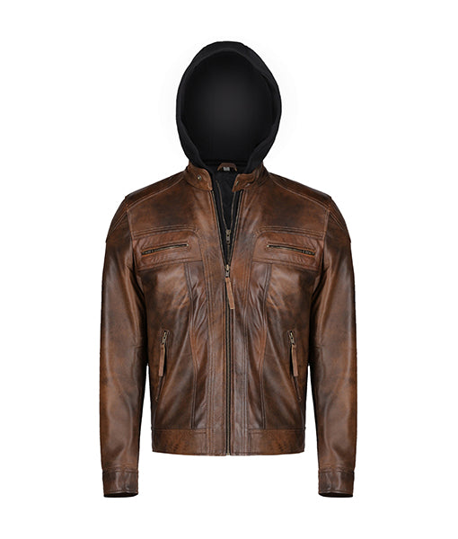 Men’s Dark Brown Leather Jacket With Hood
