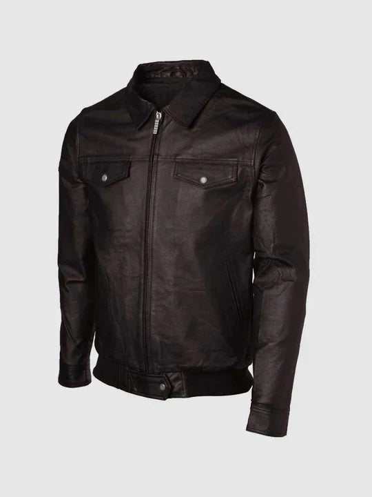 Expressive Brown Bomber Leather Jacket For Men